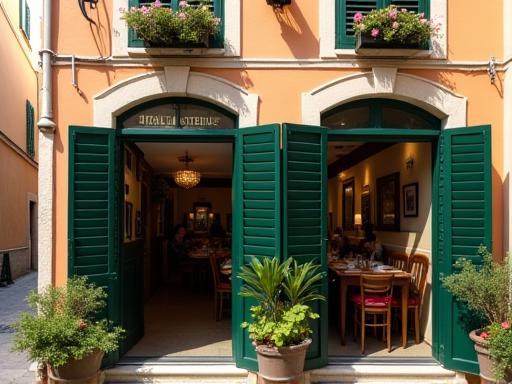 The charming facade of Osteria del Borgo Antico in Naples, with traditional green shutters and flower boxes.
