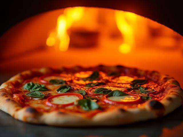 A perfectly baked Pizza Margherita emerging from a wood-fired oven, with fresh basil and melted mozzarella.