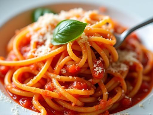 A vibrant plate of Pasta al Pomodoro, garnished with fresh basil and parmesan cheese.