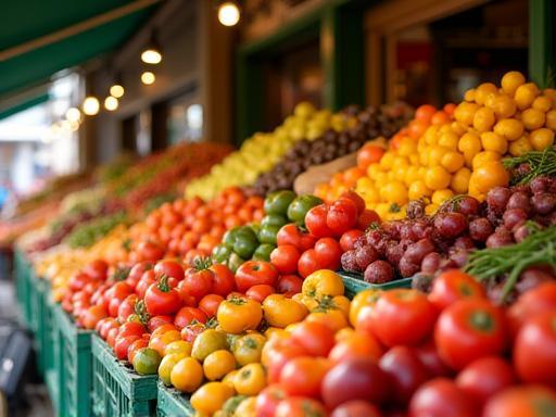 A colorful display of fresh vegetables and produce at a local Neapolitan market.