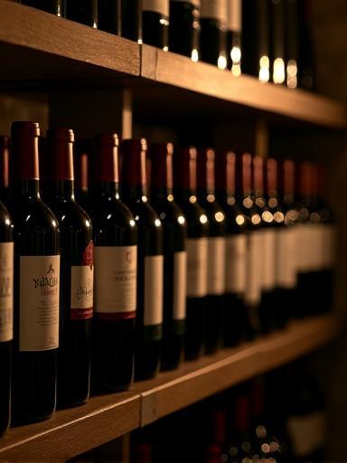 A selection of Italian wines displayed on shelves in the Osteria's cellar or bar area.