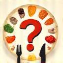 A stylized question mark with food icons