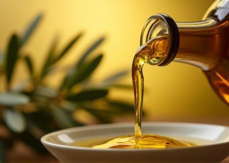 Golden extra virgin olive oil being poured from a traditional cruet, with olives and olive branches nearby.