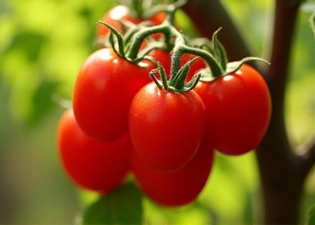 Clusters of ripe San Marzano tomatoes glistening on the vine in a Campanian field.