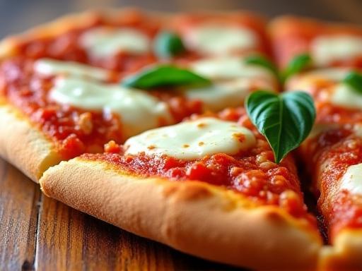 Close-up of a delicious Pizza Margherita slice showing melted mozzarella and fresh basil.