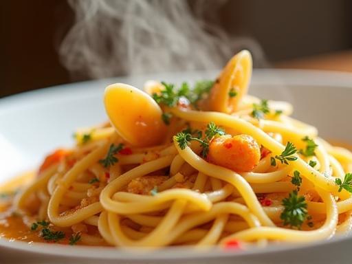 A steaming plate of Spaghetti alle Vongole with fresh clams, parsley, and a hint of chili.