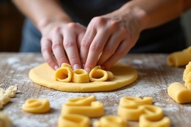 Hands expertly shaping various types of fresh pasta dough on a wooden board.