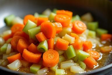 Finely chopped carrots, celery, and onions (soffritto base) sizzling in olive oil in a pan.