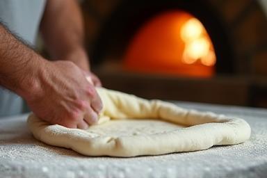 A Neapolitan pizzaiolo skillfully stretching pizza dough, with a wood-fired oven in the background.