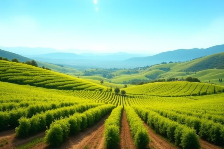 A scenic view of rolling vineyards in Campania, Italy, under a sunny sky.